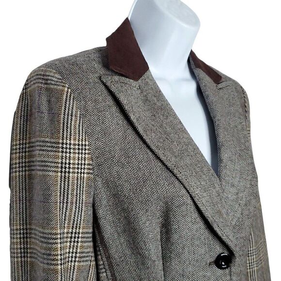 Vtg Y2K Esprit Wool Riding Blazer Coat 4 Single Breasted Plaid Herringbone Brown - Picture 2 of 6
